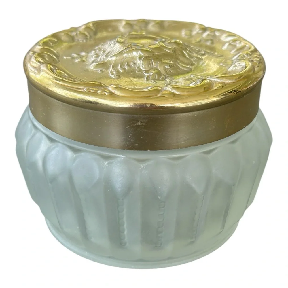 VTG Estee Lauder Re-Nutriv Face Powder Jar Empty Frosted Glass Gold Tone Lid